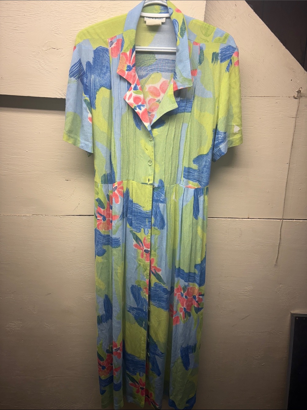 Vintage principles Floral Shirt Dress in Lime & Sky Blue